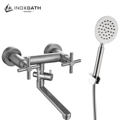 China Without Slide Bar Wall Mounted Long Spout Bathtub Mixer Set With Hand Held Shower for sale