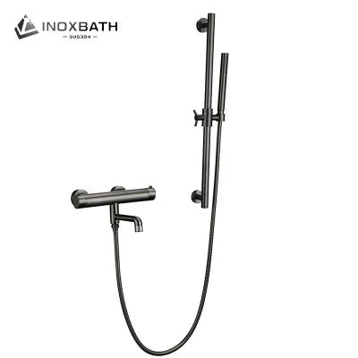 China With Slide Bar Black Rain Shower Thermostatic Bath Faucet Bathtub Shower Mixer Wall Mounted Shower Set for sale