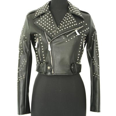 China Zipper Pocket Ladies Lapel Rivets Collar Rivets Breathable PU Thin Jacket for sale