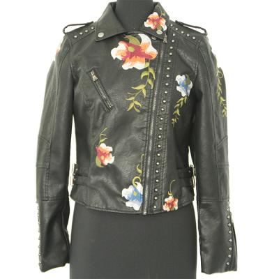 China Hot Sale Ladies Breathable Rivet Jacket Embroidered Black Pu Leather Short Coat for sale