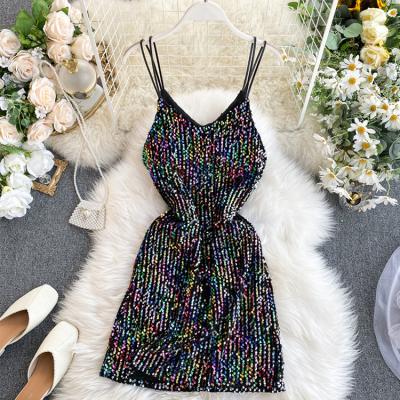 China 2021 New Design Fashion Women's Lady Spaghetti Strap Dress Antistatic Antistatic Sequin Even Short Dress for sale