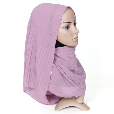 China Pleated 2019 New Solid Color Muslim Women Bubble Chiffon Shawl Pearl Hijab Scarf for sale