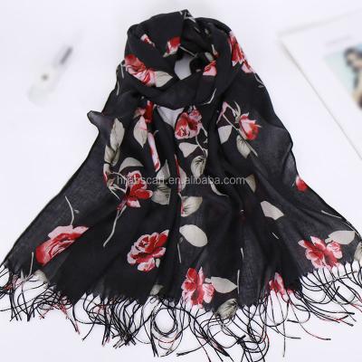 China Fashion Women Fashion Flower Print Headband Muslim Scarves Tassels Cotton Hijab Scarf for sale