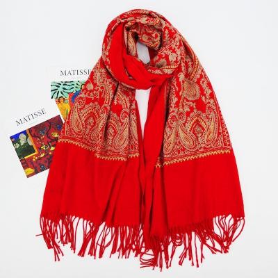 China Fashion latest warm scarf cashew embroidered solid color cashmere shawl pashmina tassel scarves for sale