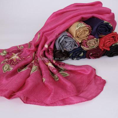 China Fashion New Style Fashion Muslim Hijab Wrap To Sparkle Cotton Embroidery Flower Silk Canvas Scarf for sale