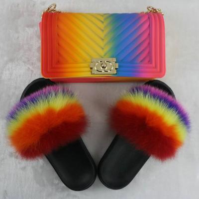 China CUSHIONING most popular fur slides and matching fur purse colorful purses slippers and sets purse and fur slides for sale