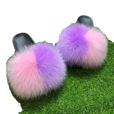 China Fox fur slides fluffy women's slippers summer fashion trend slider real fox furry slippers real fur furry sandals for sale