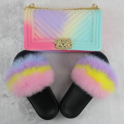 China CUSHIONING Custom Color Mix Kids Fur Slippers Women Hairy Fur Slides With Matching Purses for sale