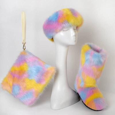 China CUSHIONING fashion faux fox fur boots with rainbow headband match lady handbags ready to ship for sale