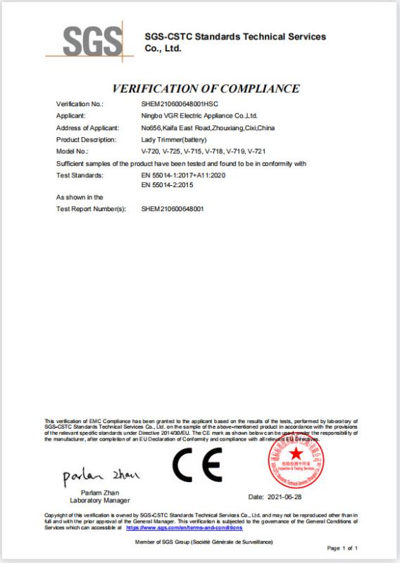 CE - Ningbo VGR Electric Appliance Co., Ltd.