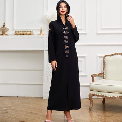 China Wholesale Viable Arabic Crystal Diamond Bead Hooded Dress Ethnic Long Sleeve Solid Maxi Dresses Loose Arab Dubai Oman Muslim Clothing for sale