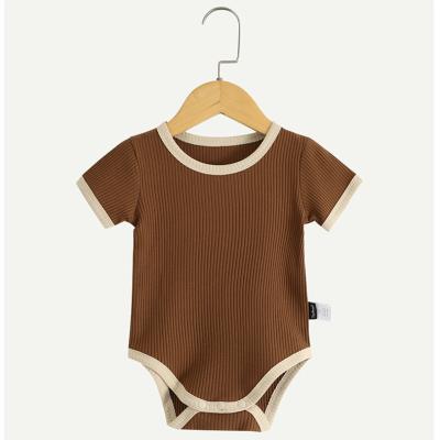 China Custom Logo Newborn Ribbed Baby Romper 100% Cotton Knitted Short Sleeve Unisex Girl Cotton Summer Baby Clothes for sale