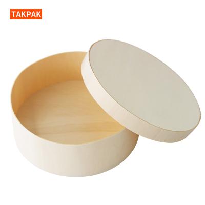 China Bio-degradable Custom LOGO Round shape take away wood veneer box wooden charcuterie brie cheese cake boxes with wooden lid for sale