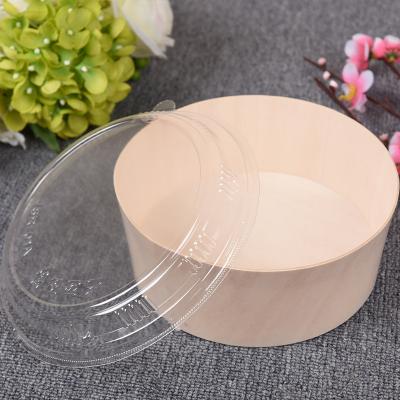 China Bio-degradable Wholesale Wooden Round Box Cheese Sushi Dessert Tray Pastry Charcuterie Board Lunch Box With Clear Lid Catering Box for sale