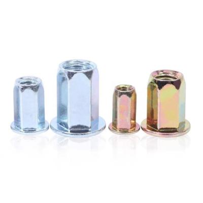 China Connection 100 PCS High Quality M4,M5,M6,M8,M10 Galvanized Steel Blue White Yellow Zinc Plating Hex Flat Head Rivet Nuts for sale