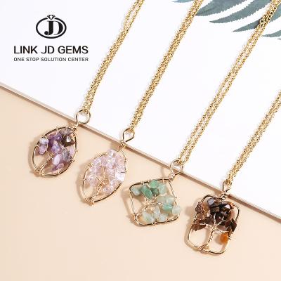 China Explosive natural stone necklace new style alloy vintage crystal handmade synthetic amethysts engrave tree of life crystal necklaces for sale