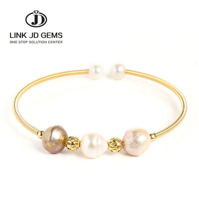 China Mateiral JD Natural Handmade White Pink Freshwater Pearl Wire Strings Bangle Vintage Style Adjustable Tube Cuff Bracelet 18k Yellow Gold Color for sale