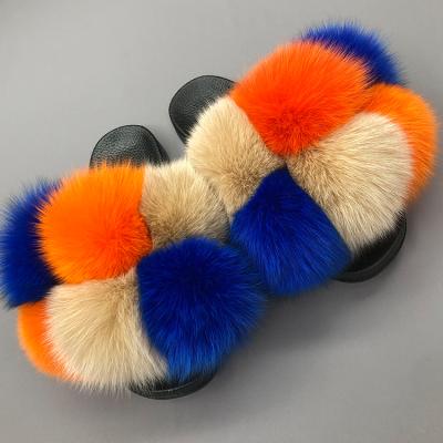 China Wholesale light fluffy realfox fur pom rainbow fur sandals slides slippers fashion fur slippers for sale