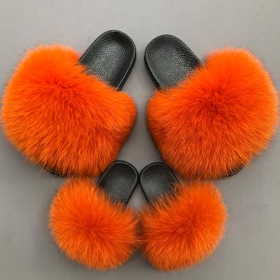 China Colorful Cute Mommy And Me Fluffy Adult And Child Fur Slippers Light Fashion Real Fox Fur Slippers Slippers for sale