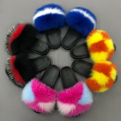 China 2021 Custom Logo Rainbow Fur Slide Lightweight Big Fluffy Fur Slipper Slippers Fashion Women Genuine Fox Fur Slide for sale