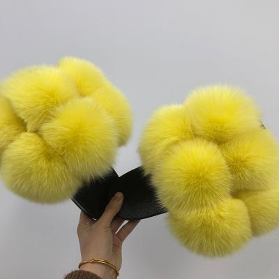 China Large 6 pom light yellow big fur slides real hairy pom fur slides for sale