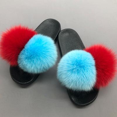 China Light wholesale cheap price fur pom slides two big real fox fur pom pom slides for sale