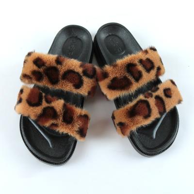 China Fashion Trend Leopard Style Double Strap Fur Slides Casual Elastic Faux Fur Plush Hairy Strap Slides Slippers Both for sale