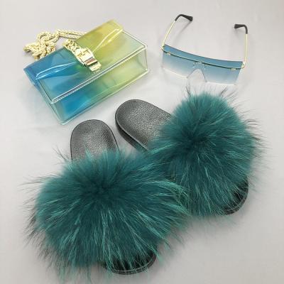 China 2021 Summer Lightweight Cute Jelly Handbags Sunglasses and Large Real Raccoon Fur Slippers Women Fur Slippers for sale