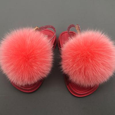 China Large Lightweight Pom Pom Raccoon Fox Ball Fur Slides Lace Cute Fluffy Kids Fur Slides for sale