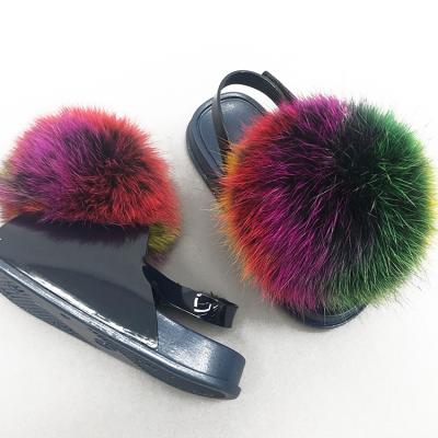 China Kids Lightweight Fluffy Multicolor Fluffy Fur Slides Cute Detachable Pom Pom Slides For Kids Toddler for sale