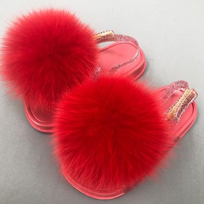 China Lightweight Colorful Cute Kids Fluffy Fur Slides Kids Baby Fur Slides With Strap for sale