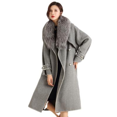 China 2020 Breathable Plus Size Winter Coat Fur Wool Coat Long Double Collar Gray Detachable Slim Coat With Belt for sale