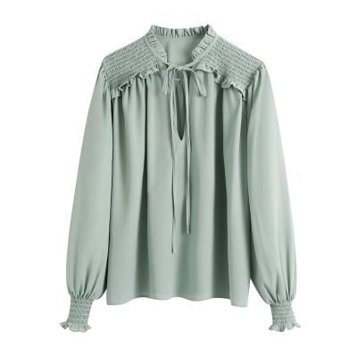 China Breathable Light Green Shoulder Smocked Front Lace Up Blouse And Long Sleeve Womens Fashion Casual Tops for sale