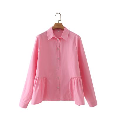 China Breathable Pink Color Button Up Turn Down Collar Long Sleeve Women Fashion Shirts Cotton Casual Blouse And Tops for sale