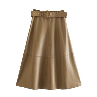 China High Fashion Breathable Design Khaki Color Women Fall / Spring PU Leather Skirt For Women With Belt for sale