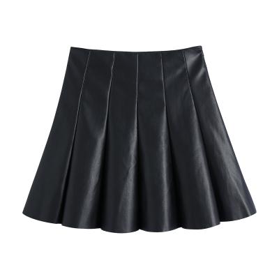 China Breathable Black Color Simple Style Fashion Casual Women Pleated PU Leather Mini Skirt for sale