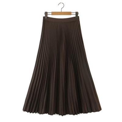 China Breathable Brown Color Pleated Elastic Waist Women Fashion Long Satin Casual Skirt for sale