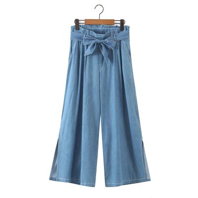 China Vintage Breathable Design Elastic Waist Side Split Casual Loose Wide Leg Women Jeans Pants With Belt for sale