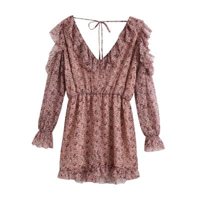 China Floral Print Back Breathable Lace Up Deep V Neck Women Long Sleeve Casual One Piece Jumpsuit for sale