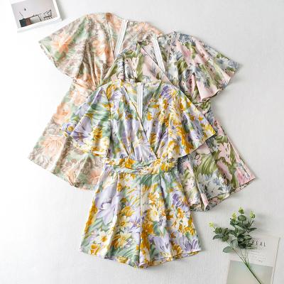 China 3 Sleeve Floral Print V Neck Women Breathable Short Colorway Casual Fashion One Piece Jumpsuit for sale