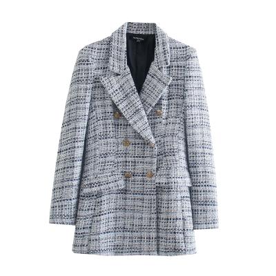 China Breathable Notched Cross Collar Sleeve Blazer Women Long Fall Plaid Tweed Jacket for sale