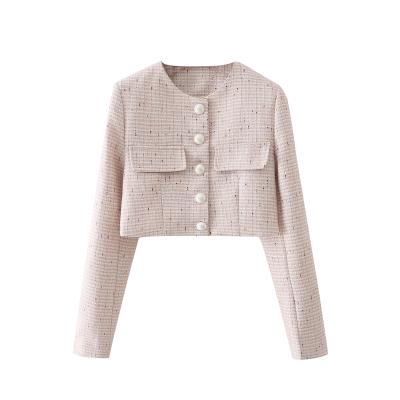 China Women Single Breasted Crew Neck Breathable Long Sleeve Fashion Fall Tweed Casual Jacket With Pockets for sale