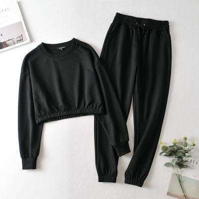 China High Fashion Viable Crop Women's Streetwear Black Sweatshirt And Pant Suits Upper Casual Clothes for sale