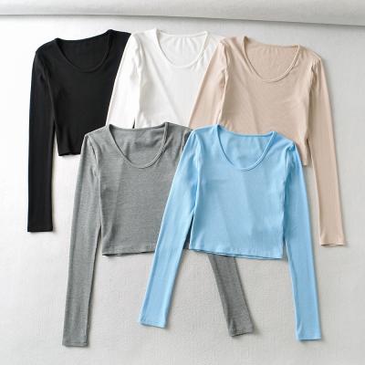 China Solid Color Breathable Long Sleeve V-Neck 4 Colorway Women Fashion Casual T-Shirt for sale