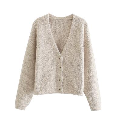 China Breathable Beige Color V Neck Long Sleeve Button Up Women Fall Casual Knitwear Cardigan Sweater for sale