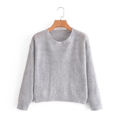 China Breathable Gray Color Crew Neck Long Sleeve Back Split Knitting Women's Fashion Casual Sweater for sale