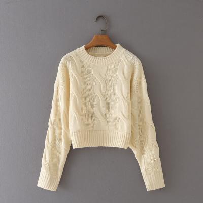 China Beige Color O Neck Long Sleeve Women's Breathable Fashion Knitted Twist Pullover Sweater for sale