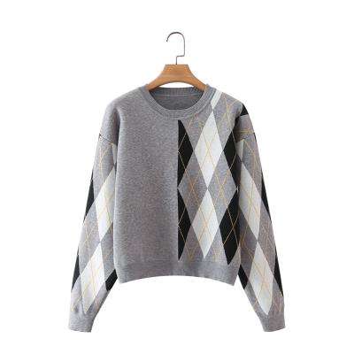 China Spliced ​​Geometric Pattern Women's Long Sleeve Gray Crewneck Color Design Sweater Breathable Sweaters for sale