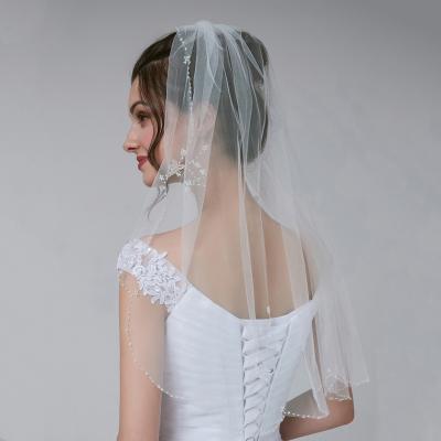 China Pearl Edge Bridal Veil Tulle Beaded Lace Trim Wedding Veil for sale