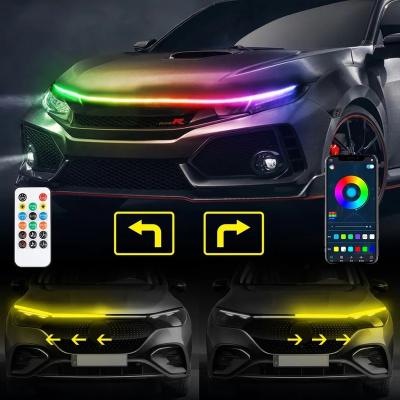 China Daylight+dynamic turn signal+headlight 2023 Car Tuning Flexible DRL Color Chasing LED Hood Lamp APP Remote Dynamic Turn Light Headlight Strip RGB Daytime Running Light for sale